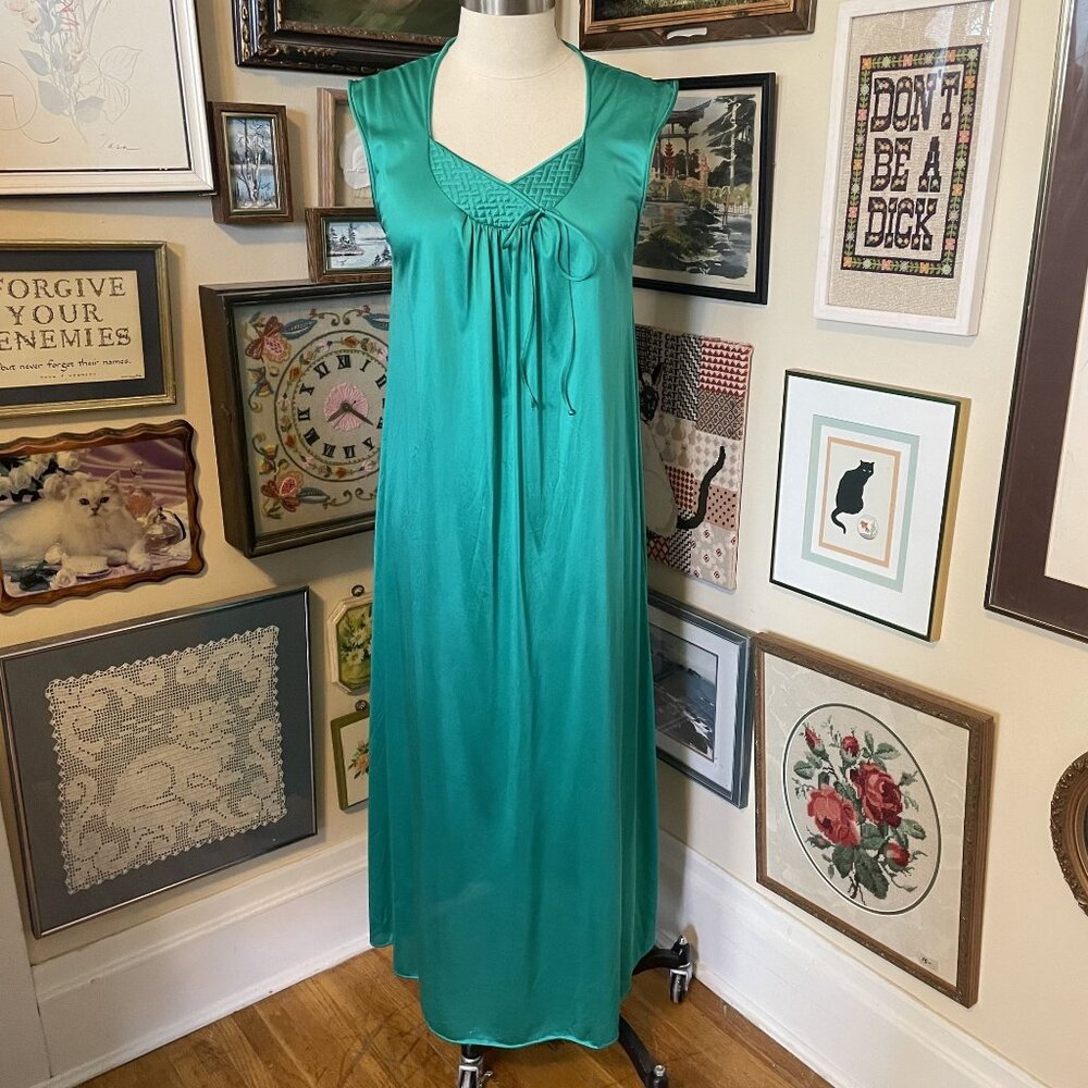 80s Vintage Sabrina By Mervyn's Teal Nightgown with Satin Bow Detail Size S